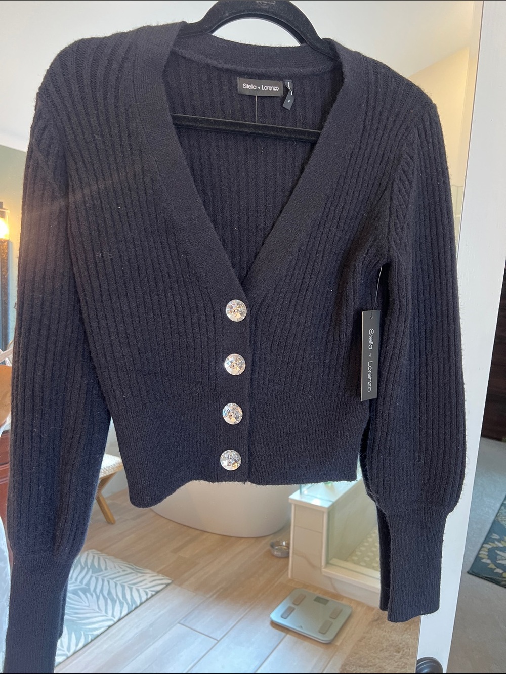 Stella + Lorenzo Black Ribbed Cardigan with Crystal Buttons size Small